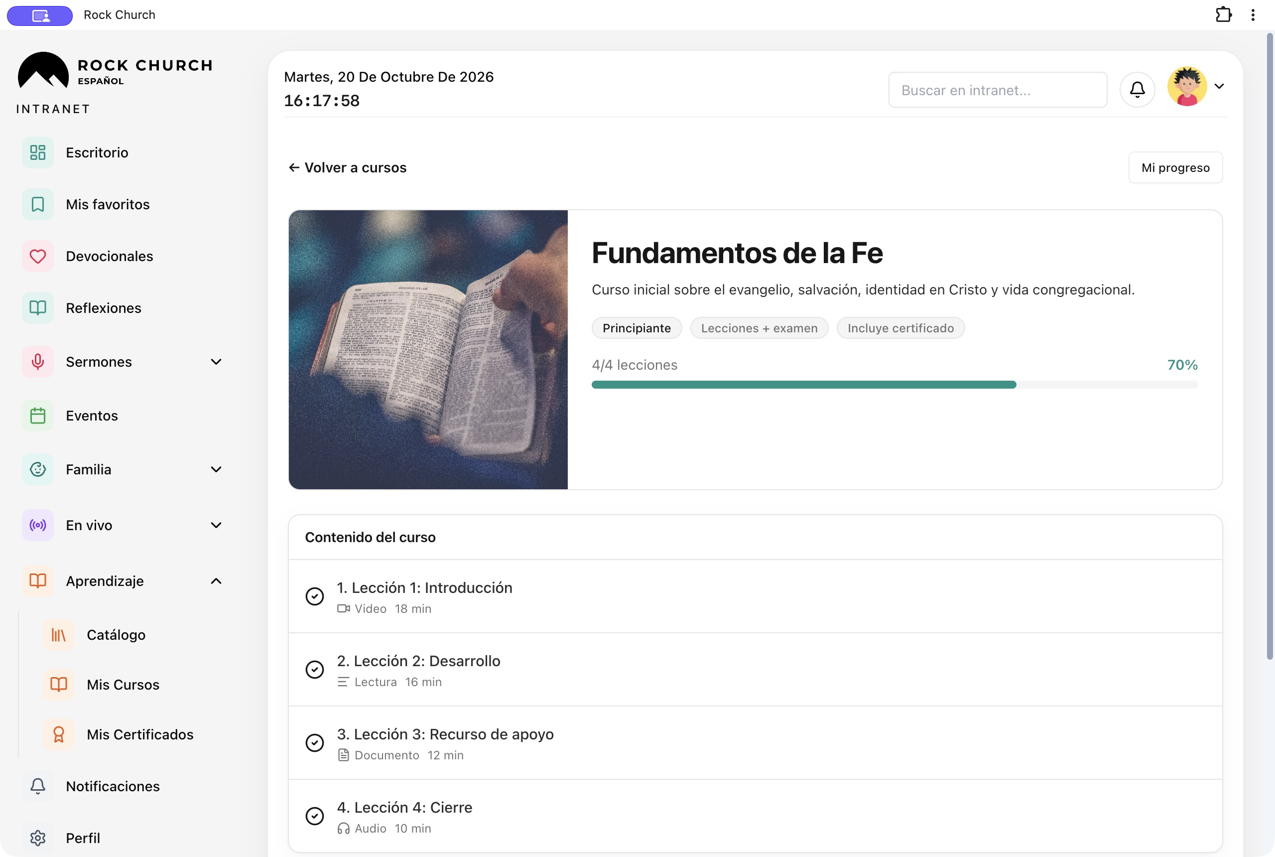 Curso Fundamentos de la Fe en la intranet de Rock Church, con progreso del 70 % y cuatro lecciones de video, lectura, documento y audio