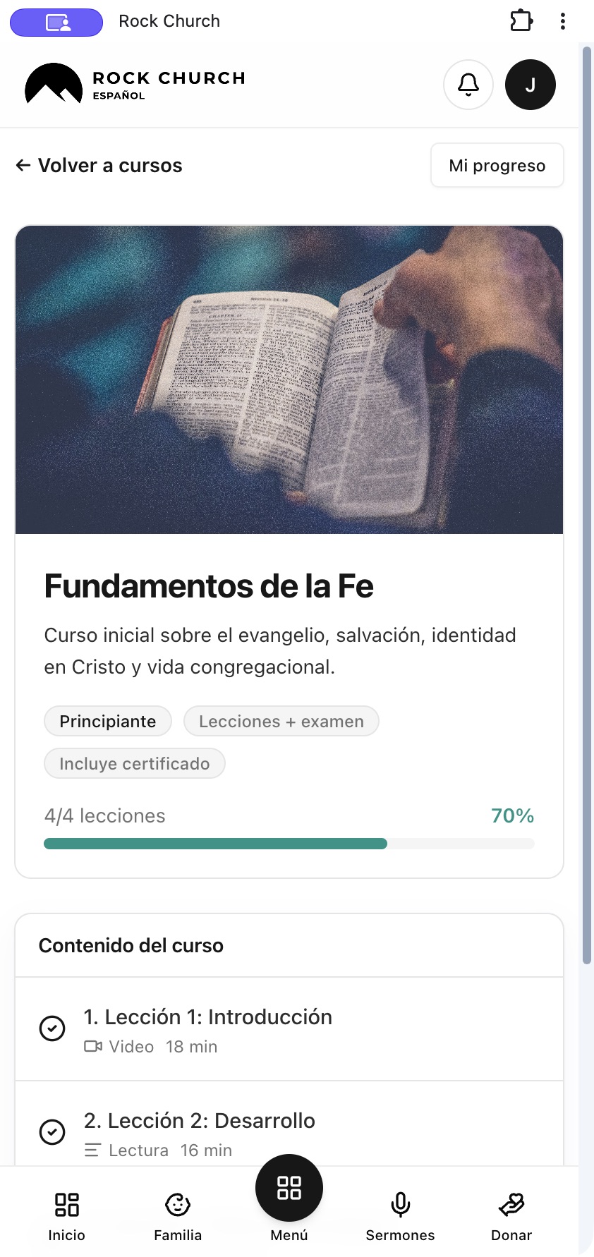 Curso Fundamentos de la Fe, con lecciones y progreso de aprendizaje en la intranet de Rock Church